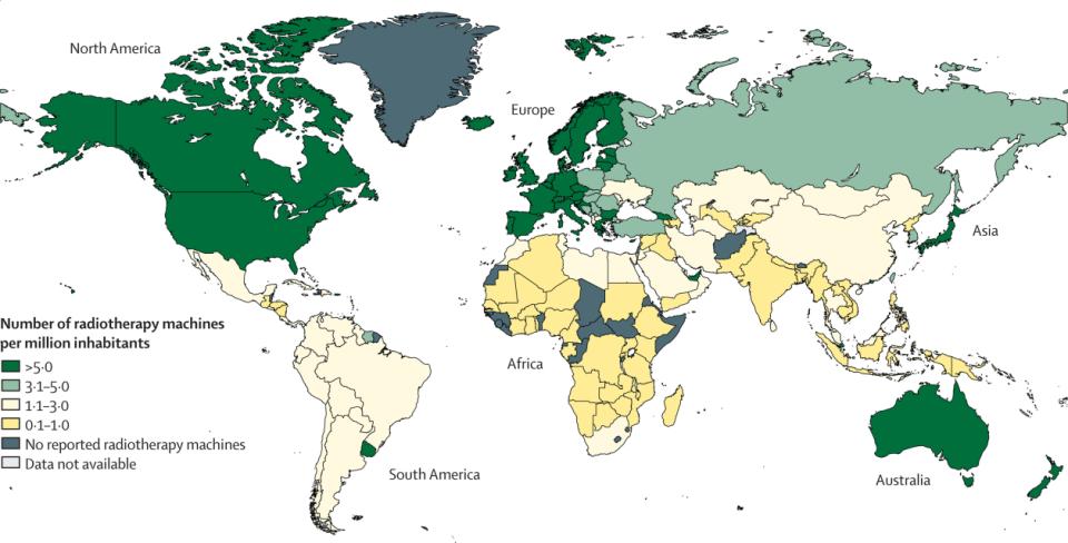 Global availability of radiotherapy machines per million inhabitants. Data from the International Atomic Energy Agency's Directory of Radiotherapy Centres (DIRAC).