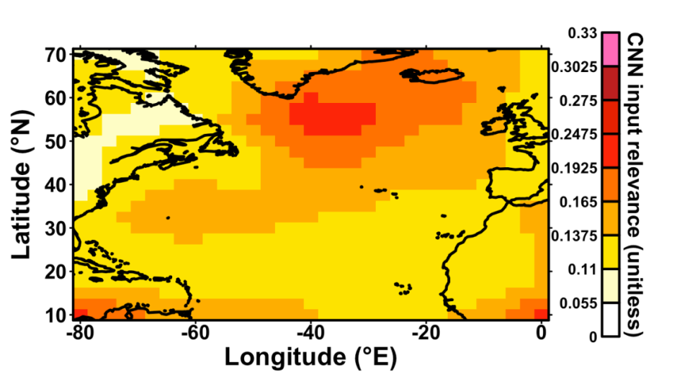 The image highlights regions the network uses to distinguish climate models. This is where it most often confuses models with similar ocean-grid resolutions, while distinguishing those with different ocean resolutions.