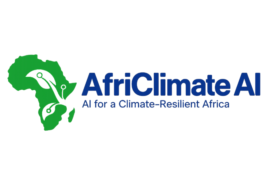 AfriClimate AI logo with image of african continent overlaid by leaves. Text below title reads 'AI for a climate-resilient Africa'