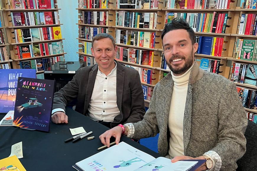 Professor Stephen Smartt, left, and Oliver Jeffers at Cheltenham Literature Festival