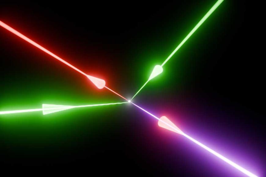 Illustration of photon-photon scattering in the laboratory. Two green petawatt lasers beams collide at the focus with a third red beam to polarise the quantum vacuum. This allows a fourth blue laser beam to be generated, with a unique direction and colour, which conserves momemtum and energy.