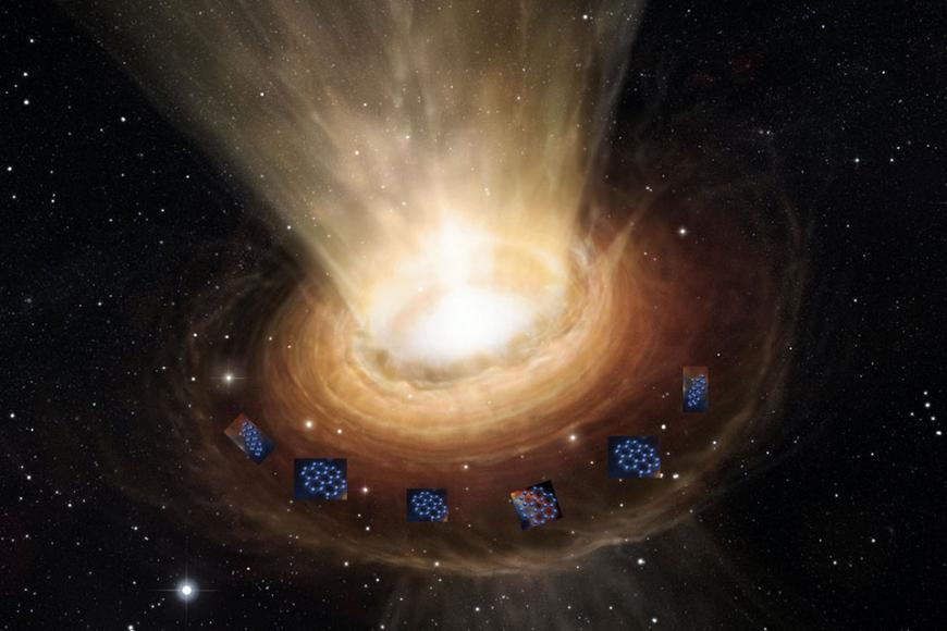 Artist's impression showing the surroundings of an SMBH at the heart of NGC 3783, an AGN in the Southern constellation of Centaurus. A wind of material in the polar region of the nucleus is visible. PAH emission is thought to originate in the inner parts of the galaxy disk which hosts the SMBH