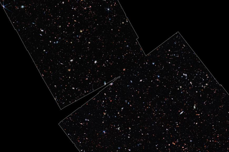 This image taken by the James Webb Space Telescope highlights the region of study by the JWST Advanced Deep Extragalactic Survey (JADES).