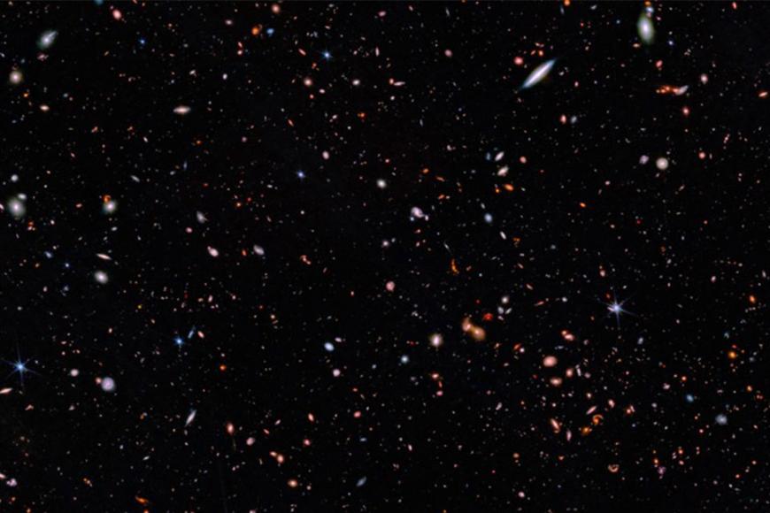 Image taken by the James Webb Space Telescope; the area is in and around the Hubble Space Telescope’s Ultra Deep Field. 