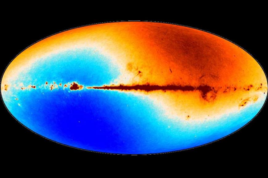 Dipole anisotropy of the cosmic microwave background, interpreted as due to our motion towards the hotspot. The horizontal dark stripe is emission from our Galaxy (Planck collaboration 2020).