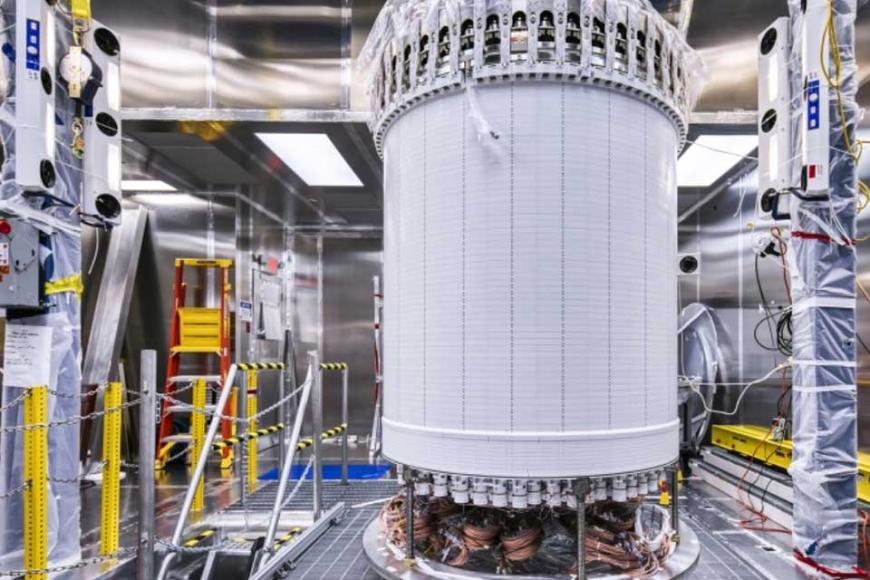 The LZ central detector in the clean room at Sanford Lab after assembly, before beginning its journey underground