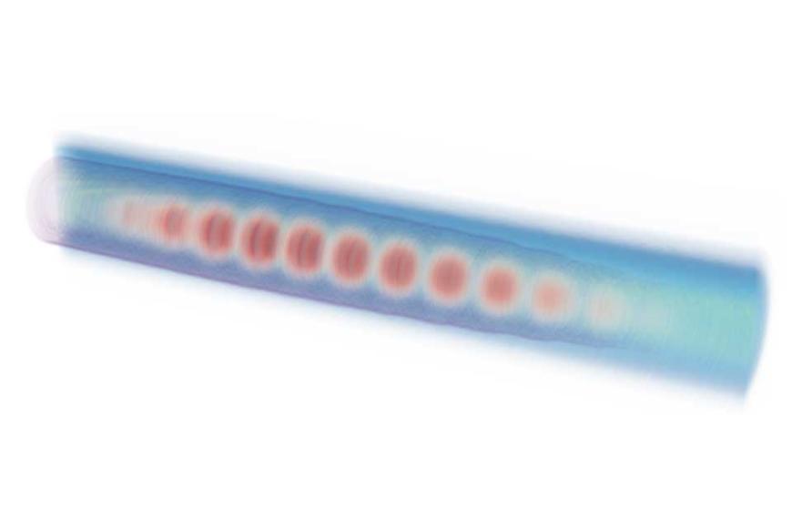 Simulation of the guiding of the high-energy laser pulse train (red) through a plasma channel (blue). The pulse train resonantly excites a large amplitude plasma wave that can be used to accelerate charged particles to GeV-scale energies