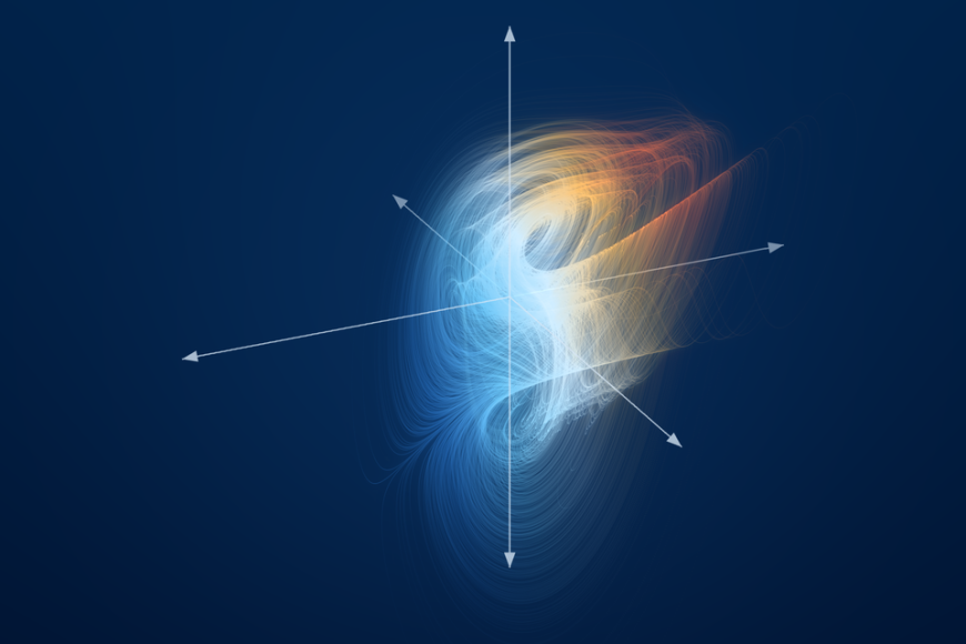 Blue background with whispy model similar to one of the models of climate motion in the article. Arrows coming out of model. 