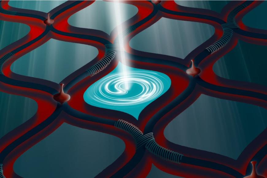 Lattice pattern with circular movement in the centre. Bright light shining straight out perpendicular to the pattern.