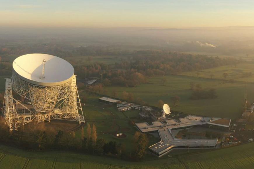 Aerial view of the SKAO GHQ, Jodrell Bank, at sunrise