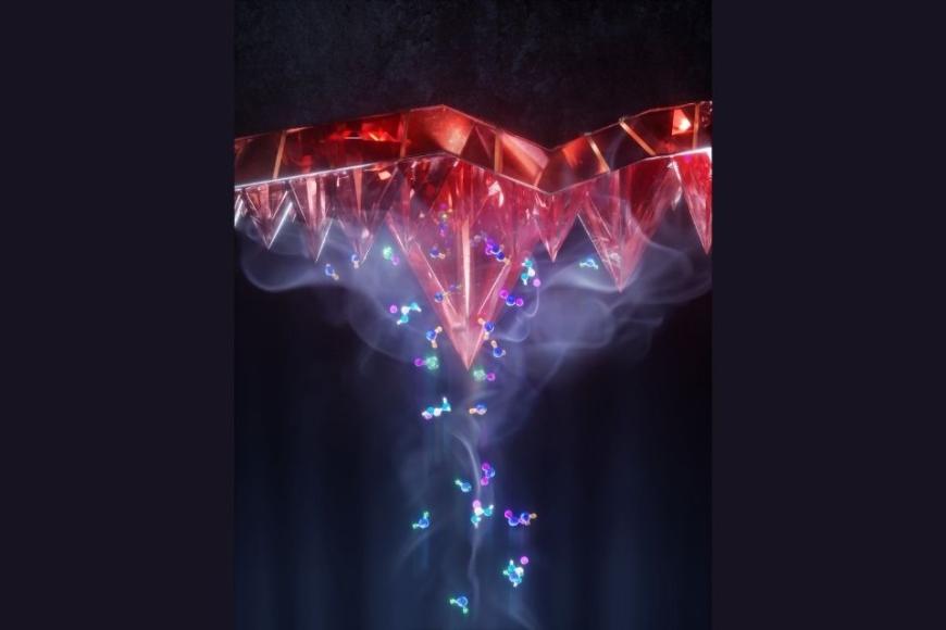 Schematic illustration of conformal, oriented perovskite crystal structure deposited via co-evaporation on a micron-textured industrial standard Si wafer. 