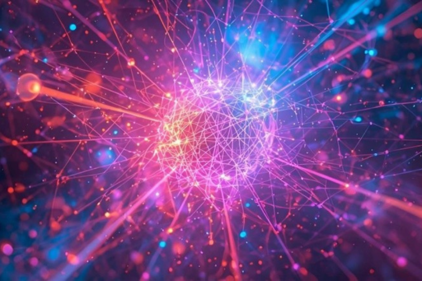 Colourful image of particles and network depicting quantum computing. 
