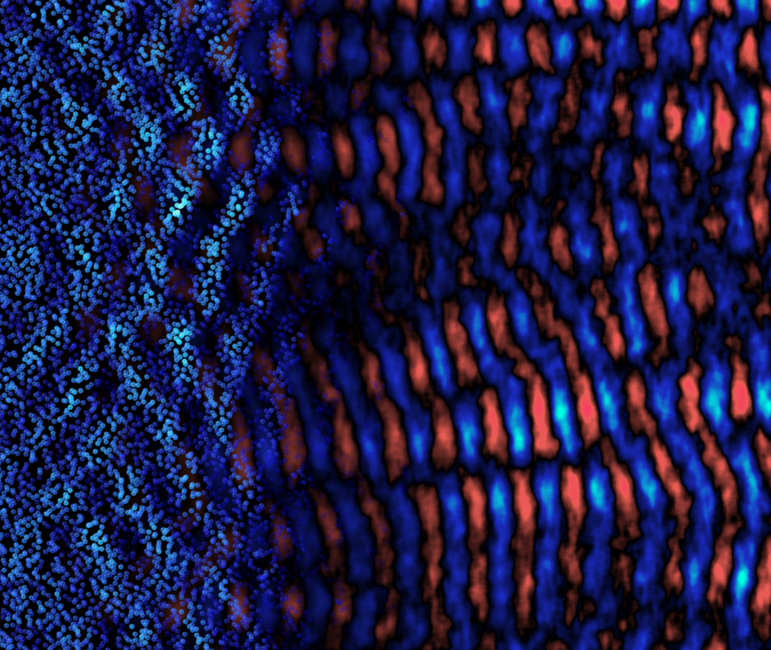 This image shows the boundary between a plasma (left) and the surrounding vacuum (right). Inside the plasma, electrons and positrons trigger the electron cyclotron maser instability, generating ripples—plasma waves—that convert into escaping radio waves. The striking uniformity of the wave pattern reveals the coherence of the emitted radiation.