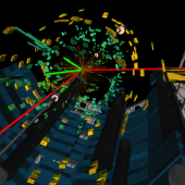 About the event display: Candidate event display of the ZH → μμcc process. The Z boson decays into two muons, shown as red tracks producing hits (green) in the endcap muon chambers. The Higgs boson decays to two charm quarks, resulting in two charm-tagged jets (blue cones) with associated energy deposits in both the electromagnetic (green) and hadronic (yellow) calorimeters.