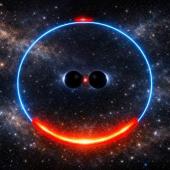 Gravitationally lensed starlight (orange) by a supermassive black hole bianry. The Einstein ring is shown in blue.