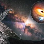 Artist's impression of the Green Bank Telescope gathering data on the centre of the Milky Way. The inset image shows the black hole at our Galaxy's center, and a nearby candidate (unconfirmed) pulsar.