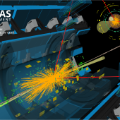Event display of a candidate Higgs boson decaying to two muons (H→μμ), shown as red tracks in the detector. (Image: ATLAS/CERN)