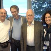 From left to right: Alan Walker, Ian Shipsey, Peter Higgs, Daniela Bortoletto
