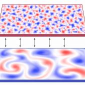 Image of active nematic fluid (in detailed blue and red) with passive liquid substrate (in less detailed blue and red). Text between them with arrows says 'Frictional coupling' 