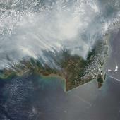 Satellite image of smoke plumes over Kalimantan, Indonesia during the massive peat fires of October 2015