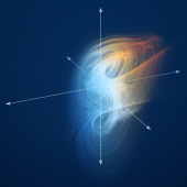 Blue background with whispy model similar to one of the models of climate motion in the article. Arrows coming out of model. 