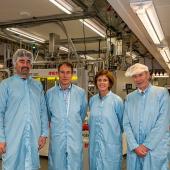 Professor Henry Snaith, Professor Moritz Riede, Vice-Chancellor Professor Dame Louise Richardson and Professor Ian Shipsey in the National Thin-Film Cluster Facility for Advanced Functional Materials in the Department of Physics at the University of Oxford
