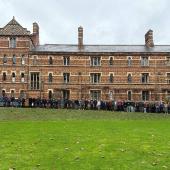 Delegates of the Quantum Advantage in Quantitative Quantum Simulation programme meeting outside Keble College, Oxford