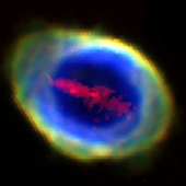 A composite RGB image of the Ring Nebula (also known as Messier 57 and NGC 6720) constructed from four WEAVE/LIFU emission-line images. The bright outer ring is made up of light emitted by three different ions of oxygen, while the ‘bar’ across the middle is due to light emitted by a plasma of four-times-ionised iron atoms.