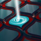Lattice pattern with circular movement in the centre. Bright light shining straight out perpendicular to the pattern.