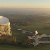 Aerial view of the SKAO GHQ, Jodrell Bank, at sunrise