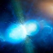 This artist’s impression shows two tiny but very dense neutron stars at the point at which they merge and explode as a kilonova
