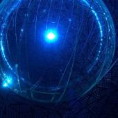 The 12-metre-diameter acrylic vessel surrounded by 9,000 photomultiplier tubes at the heart of the the Sudbury Neutrino Observatory and SNO+ experiments. The vessel currently holds about 800 tonnes of liquid scintillator for neutrino detection.