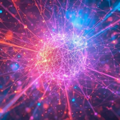 Colourful image of particles and network depicting quantum computing. 