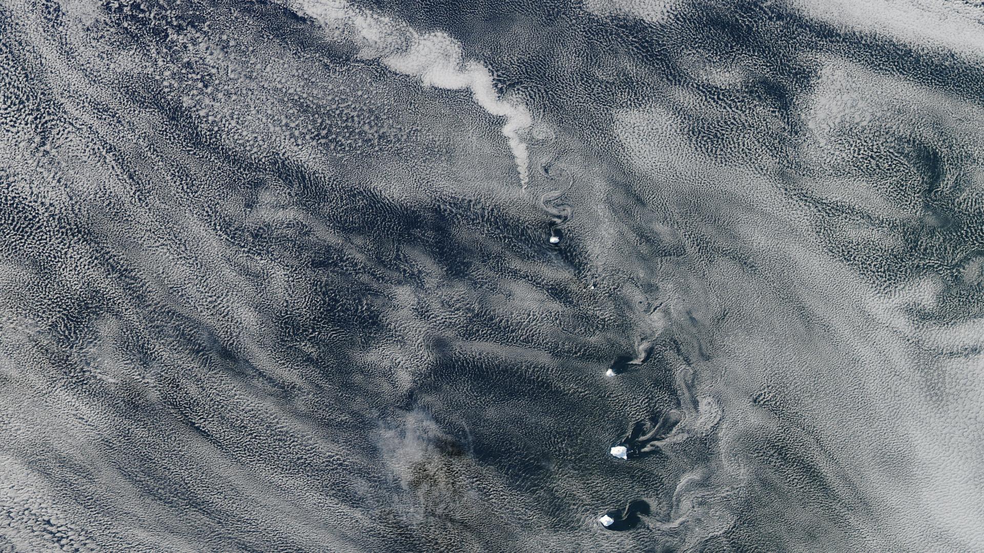 Cloud brightening of van Karman vortices in the volcanic South Sandwich Islands.