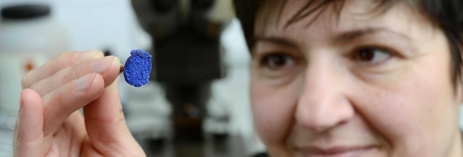 Image shows Professor Sonia Contera (face not fully in focus) with the focus on her hand holding tweezers which in turn hold a small piece of blue material. In the background out of focus is a microscope.