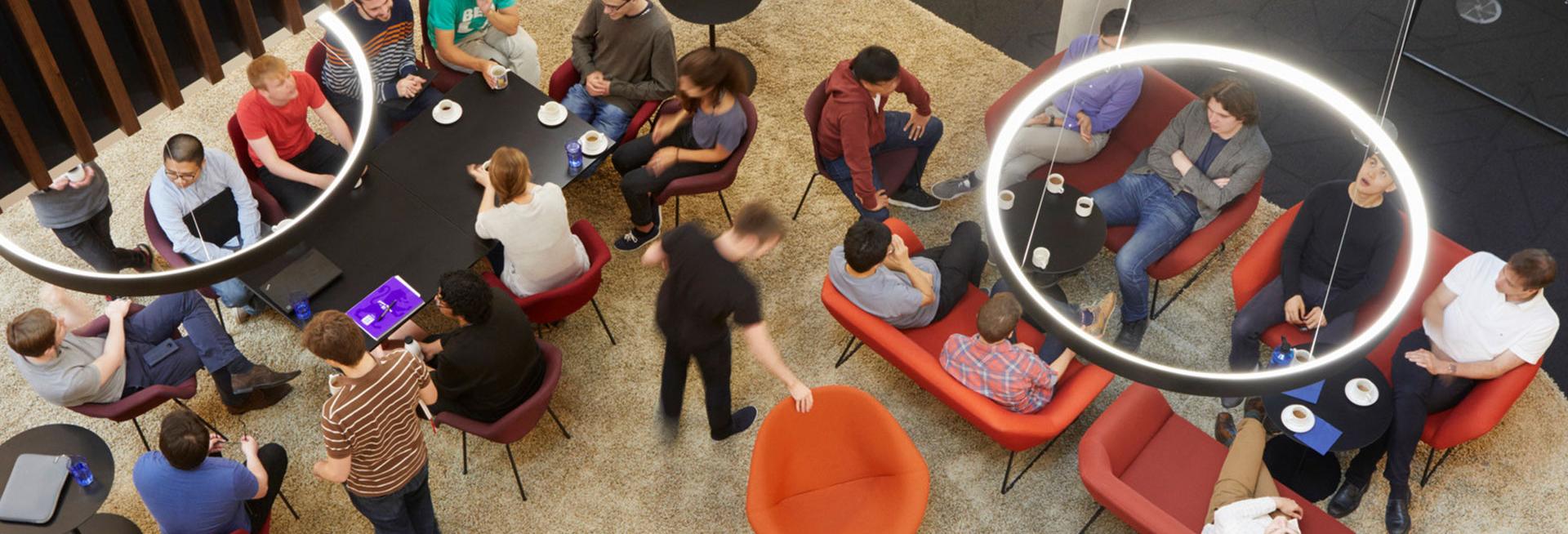 Aerial view of people sitting in the Beecroft building