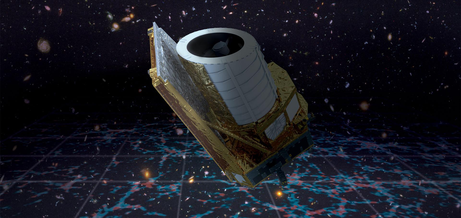 Artist impression of the Euclid mission in space. The spacecraft is white and gold and consists of three main elements: a flat sunshield, a large cylinder where the light from space will enter, and a 'boxy' bottom containing the instruments. 