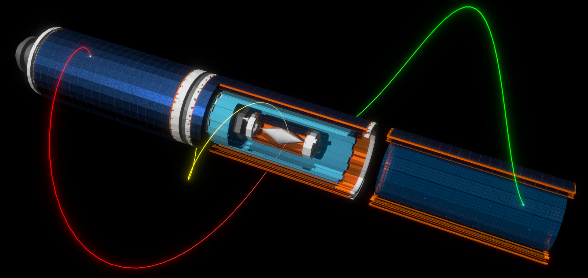 A diagram of the Mu3e Detectors showing a simulated muon to 3 electron decay