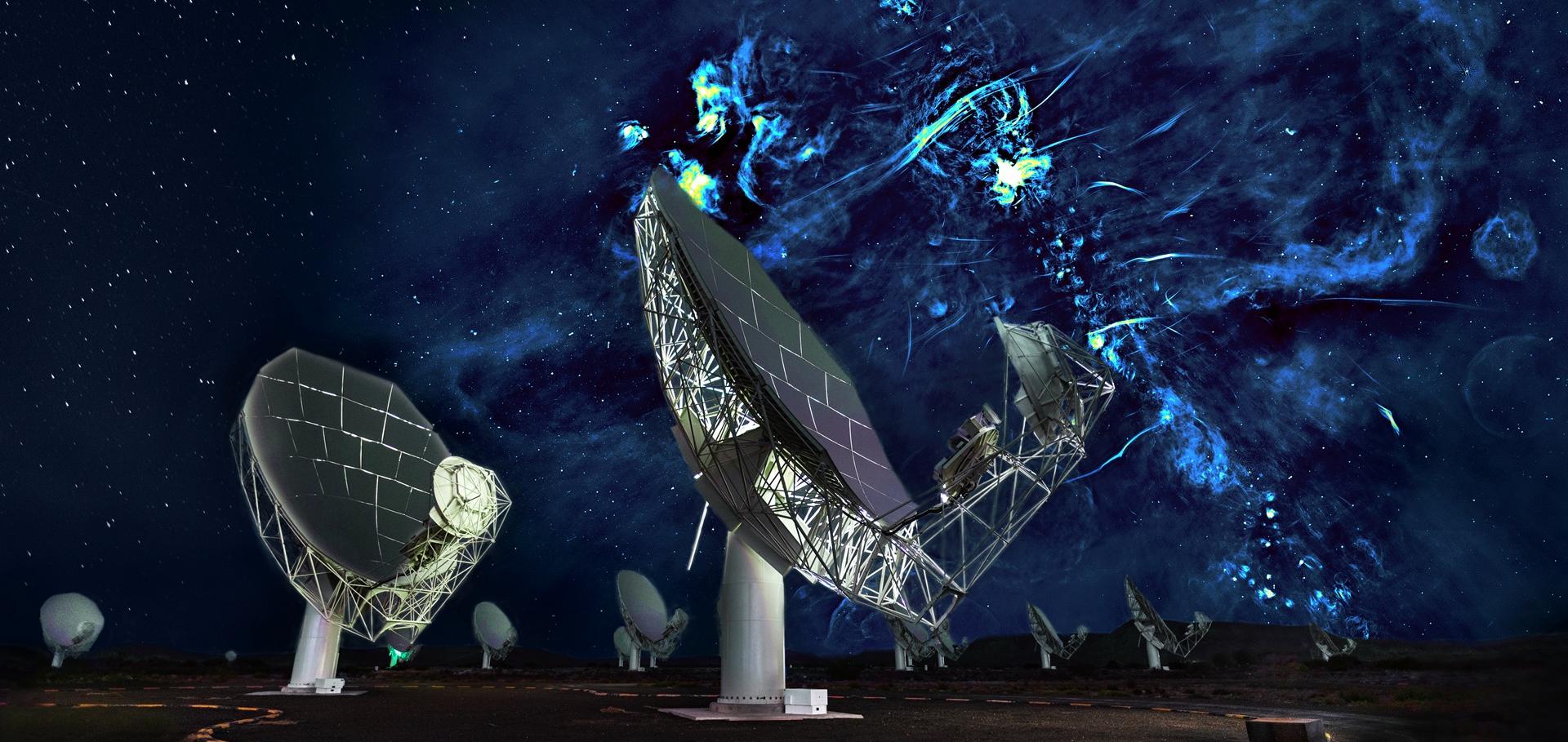 MeerKAT antennas against a backdrop of the Galactic Centre radio bubbles