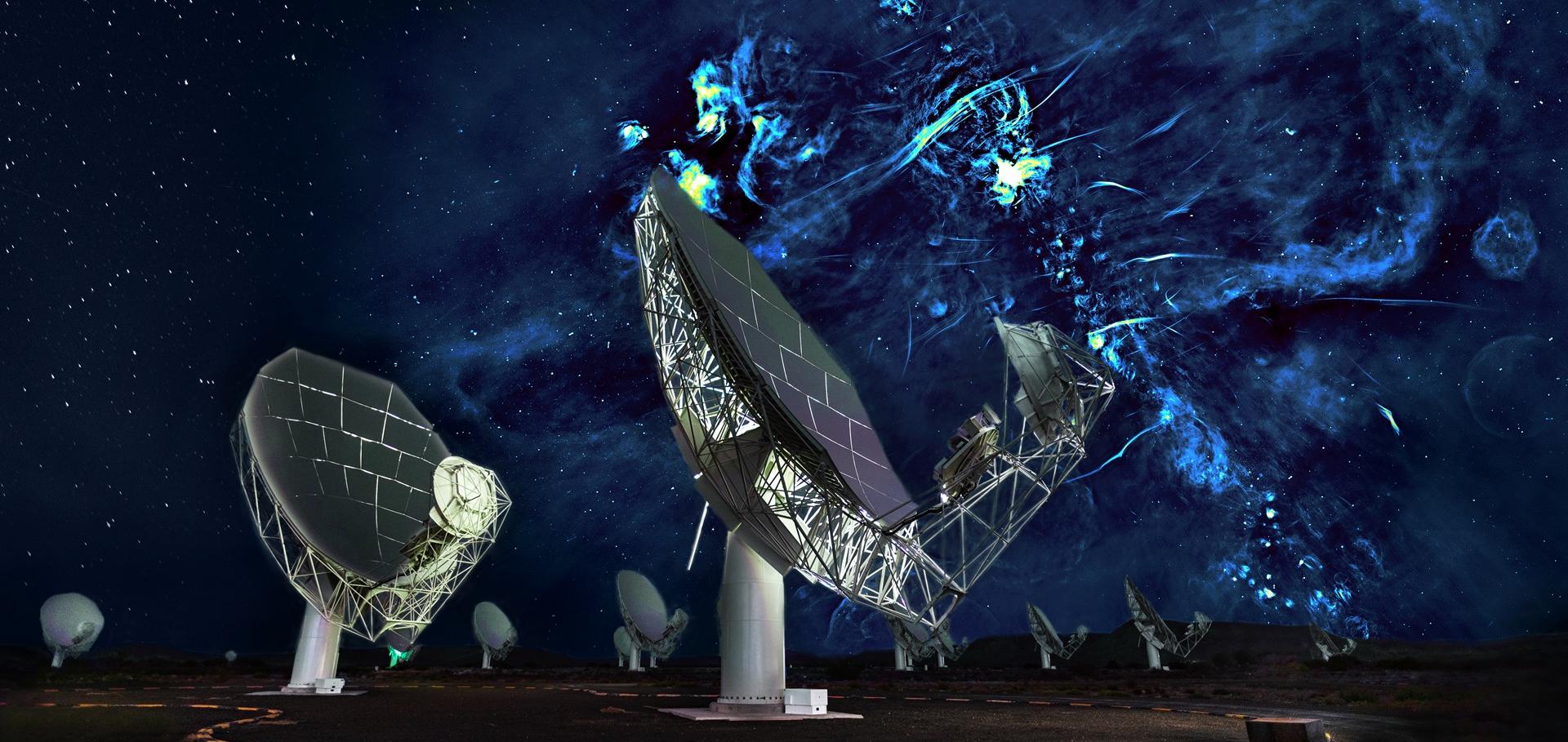 MeerKAT antennas against a backdrop of the Galactic Centre radio bubbles