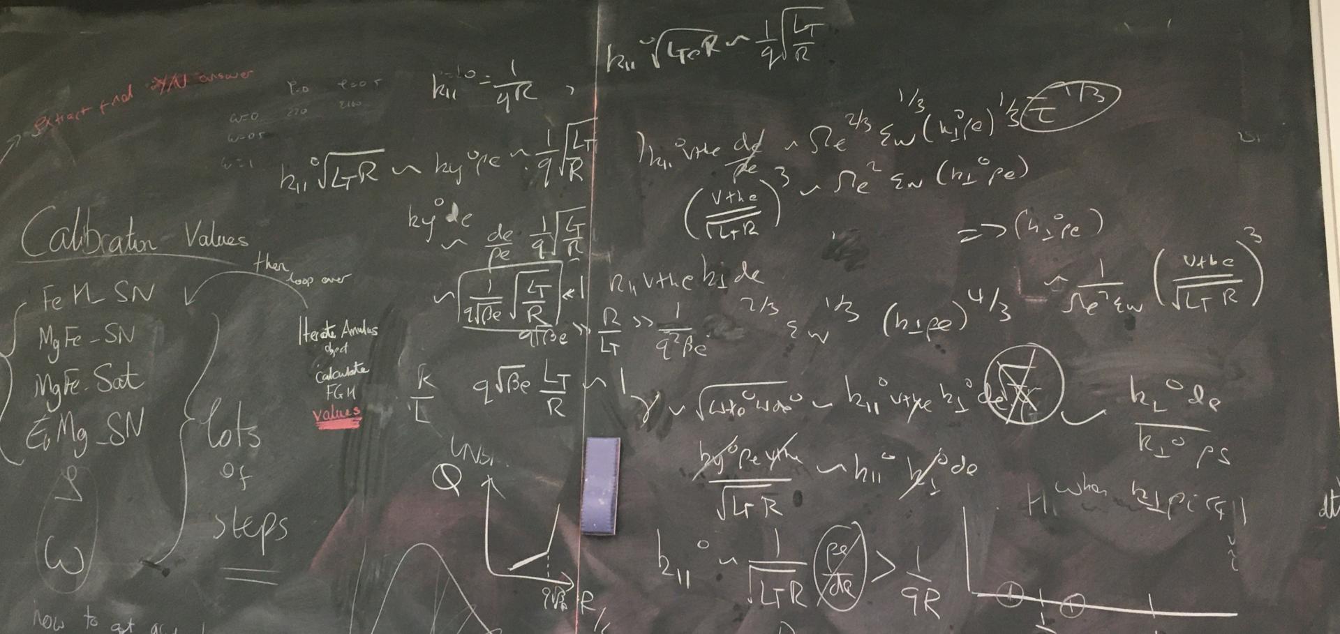 Blackboard displaying turbulence scaling calculations