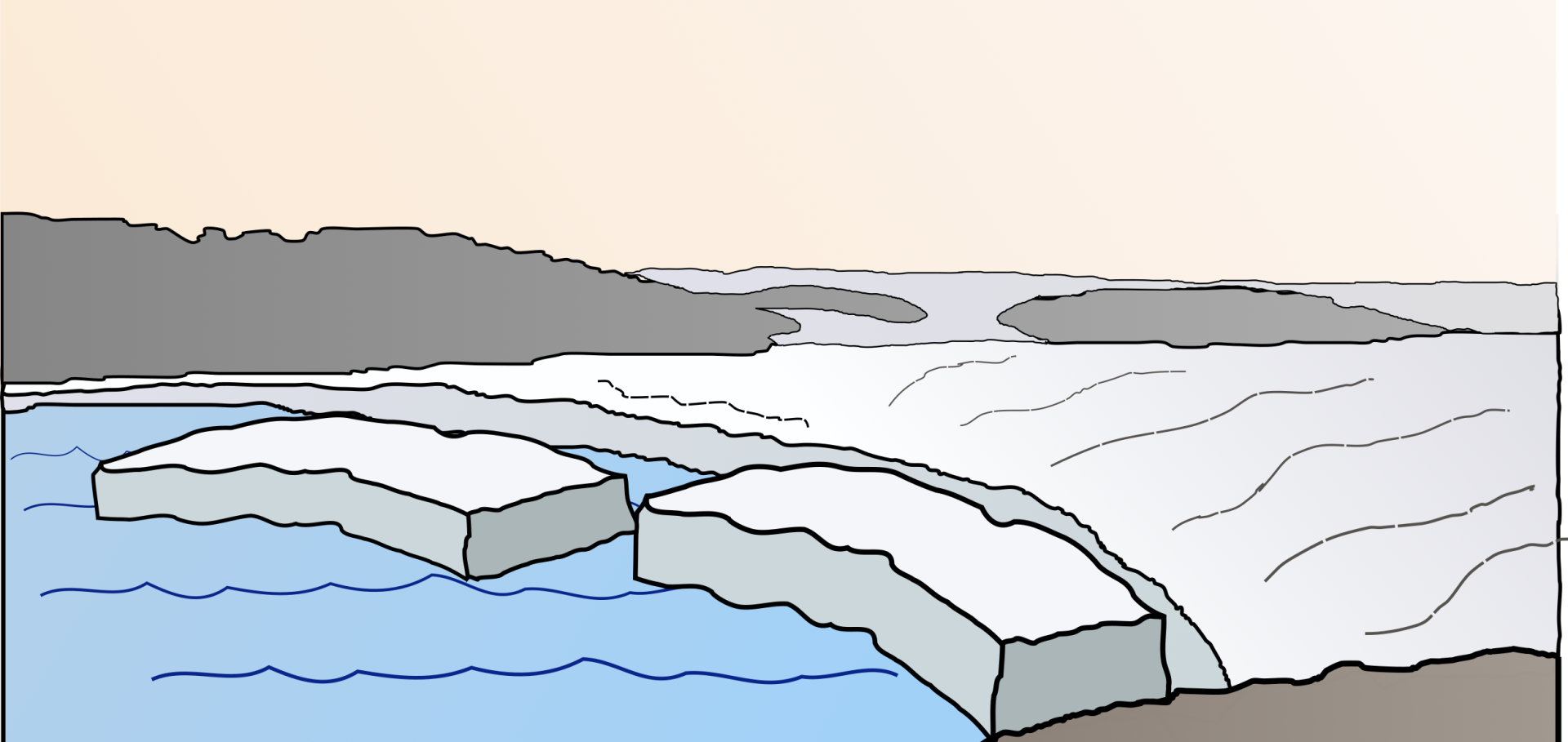 Cartoon sketch of two large icebergs calving off a glacier into a fjord