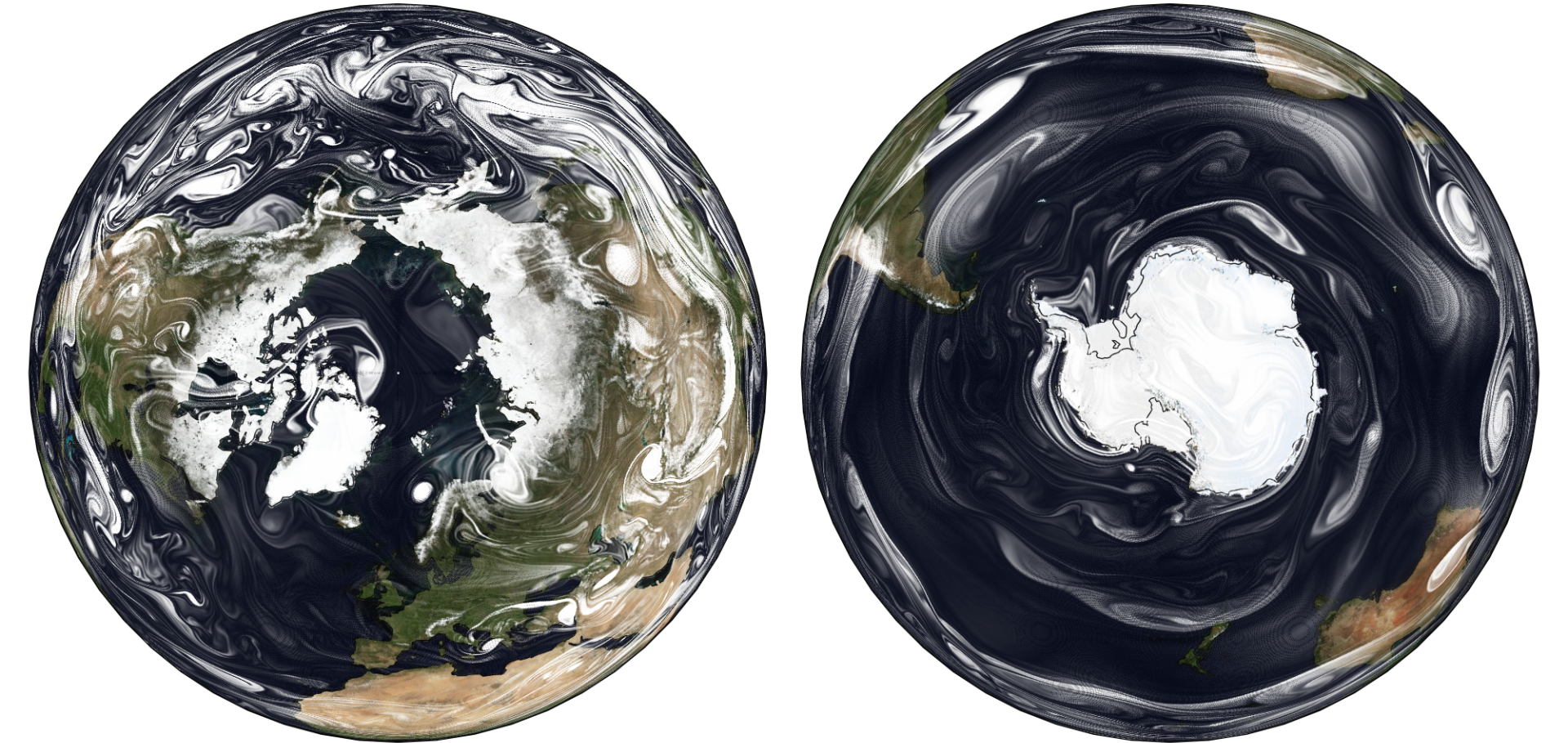 Relative vorticity in SpeedyWeather, painted like clouds.