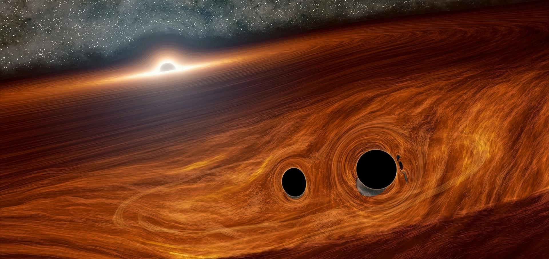 An illustration of a black hole binary within an AGN disk