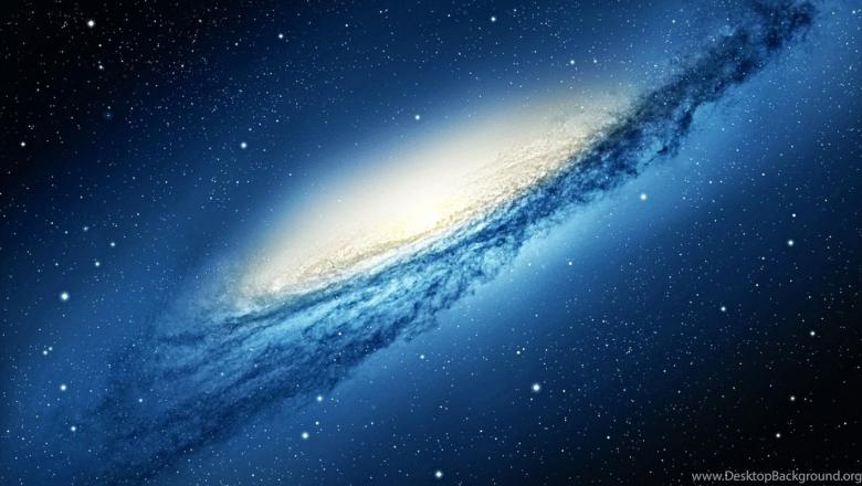A side view of a galaxy with a vivid yellow centre and a blue outer.