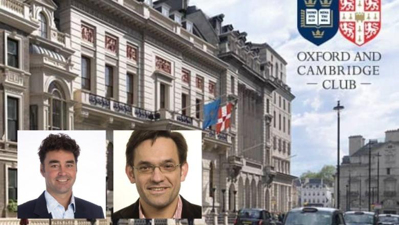 Image shows the Oxford and Cambridge Club in London, and the copyright is theirs. The portraits of the speakers has been added on top.