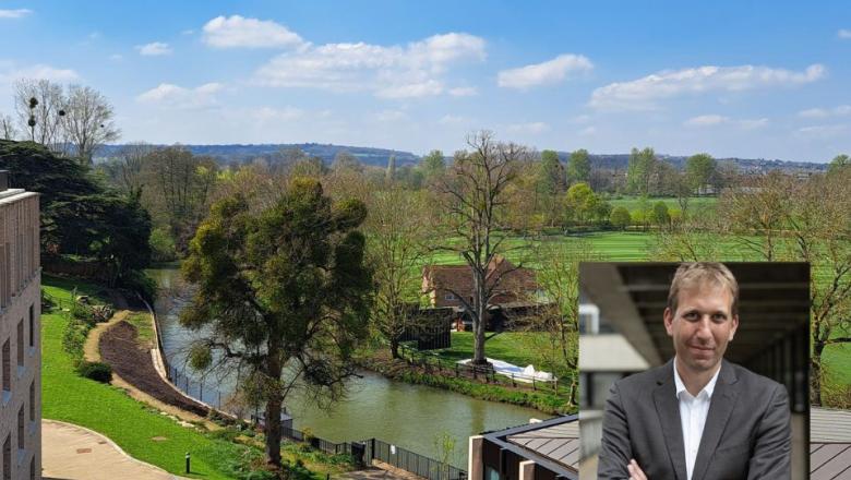 An aerial image of the river by St Hilda's College with a portrait of the speaker added on top in a corner of the image.
