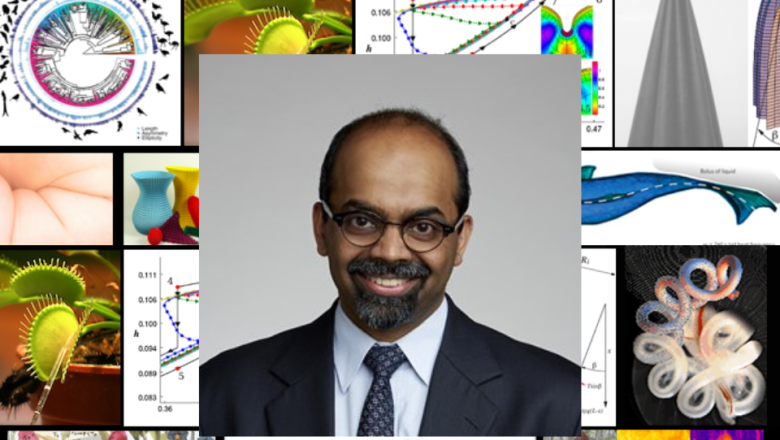 A portrait of Professor L Mahadevan surrounded from images from his research at Harvard University