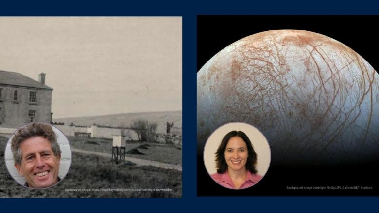 Portrait photos of Professor Tim Palmer and Dr Carly Howett, with background image: https://www.keymilitary.com/article/flashing-Background image copyright: NASA/JPL-Caltech/SETI Institute.d-day-weather and 