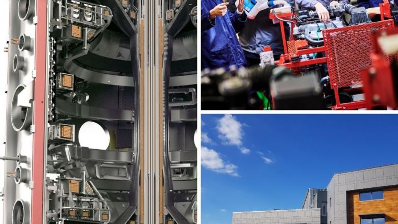 A collage including a cutaway illustration of MAST Upgrade, Apprentices at OAS and the outside of RACE building.